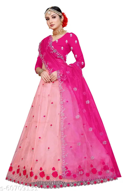 Embroidered dupion silk lehenga with net dupatta, heavy thread work allover and semi-stitched for sizes up to 44 inches, India