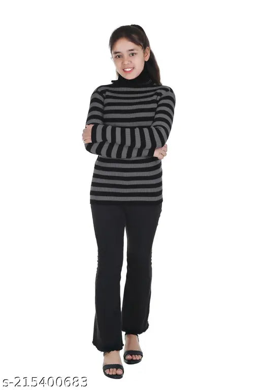 Woolen striped pullover for girls, warm and soft full sleeves high neck inner skivvy sweater - Pack of 1