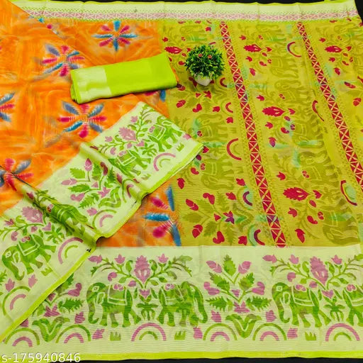 Shibori Elephants Printed Chiffon Brasso Saree with matching chiffon blouse, elephant motif on borders and pallu, popular in South India for various functions and festivals