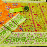 Shibori Elephants Printed Chiffon Brasso Saree with matching chiffon blouse, elephant motif on borders and pallu, popular in South India for various functions and festivals