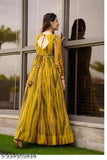 Yellow georgette printed Anarkali gown for formal events, Indian craftsmanship showcasing bandhani patterns
