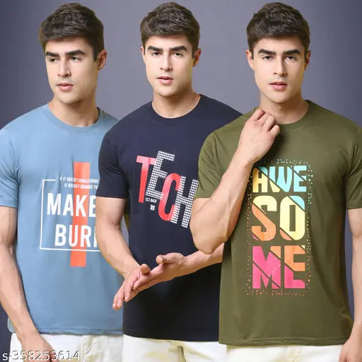 Multicolor print cotton mens tshirts (3pcs) - round neck, short sleeves, versatile style