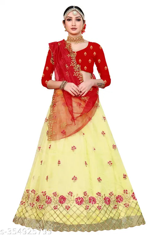 Heavy embroidery net semi-stitched Lehenga Choli, dupion silk top with multi-thread work, trendy Indian fashion, free size up to 44 in waist
