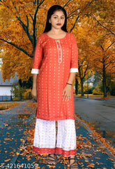 Printed cotton blend kurti plazo sets, three-quarter sleeves, casual and trendy for girls aged 7-14 years