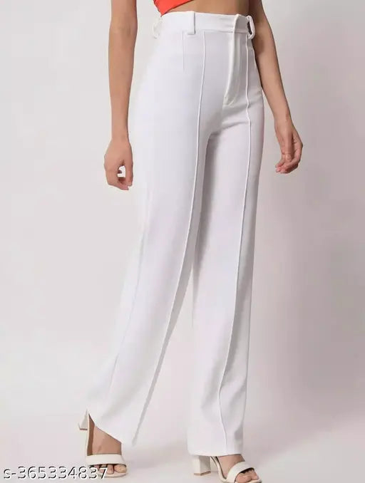 Women's white Lycra trousers, regular fit, solid pattern, pockets - versatile bottom-wear for office or casual occasions