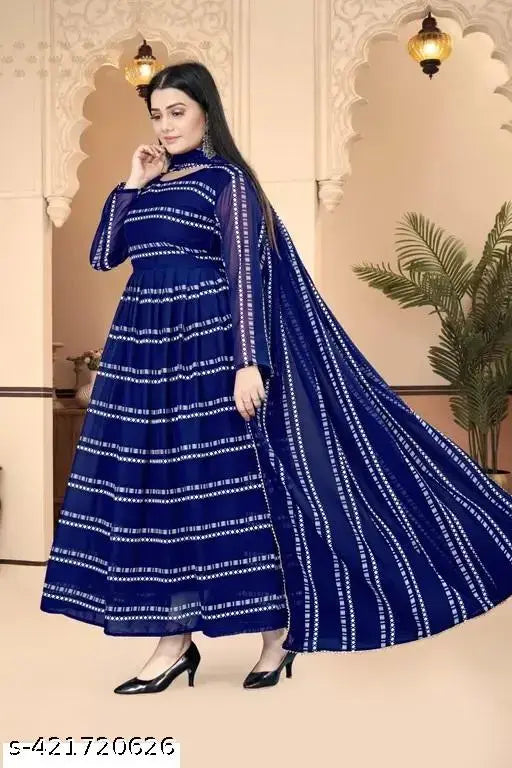 Striped Georgette three-quarter sleeve fancy women gown, Indian handcrafted clothing for women