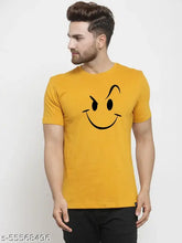 Mens gold smiley round neck cotton t-shirt, short sleeves, printed design, high-quality premium self-design. 175-180 GSM 100% pure cotton. Perfect fit, comfort feel, and a handsome look. Trusted brand online, Made in India. Sizes: S-36, M-38, L-40, XL-42, XXL-44