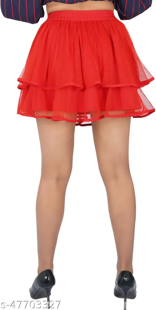 Solid red crepe casual skirt by ANJELINO, ideal for semi-formal occasions or special events. Breathable fabric and above-knee length