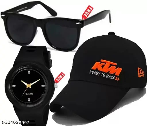 Black cotton baseball cap embroidered with sunglass and wrist analog watch for men, black style accessory on display stand