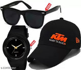 Black cotton baseball cap embroidered with sunglass and wrist analog watch for men, black style accessory on display stand
