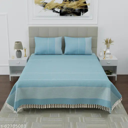 Luxurious handloom cotton double bedsheet in sky blue stripe design, perfect fit for double bed with matching pillow covers, breathable and cool for summer