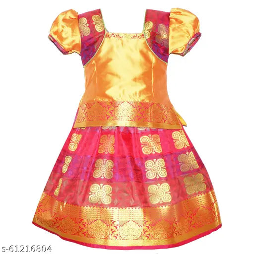 Cotton-silk Ponni Pattu Lehenga Choli with waist belt, floral design on Indian girls outfit for festivals & parties