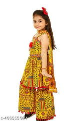 Yellow ethnic kurta & sharara set with dupatta, printed cotton rayon for kids, comfortable and versatile Indian traditional wear