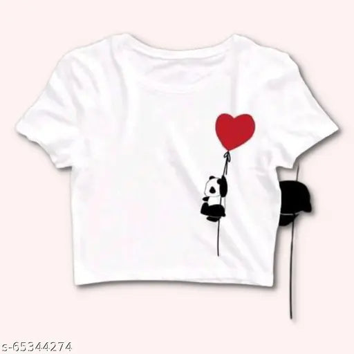 Stylish crop cotton T-shirts for women, printed design, short sleeves, Indian origin. (Sizes: S - Bust 34 in, Length 16 in; M - Bust 36 in, Length 17 in; XL - Bust 40 in, Length 19 in)