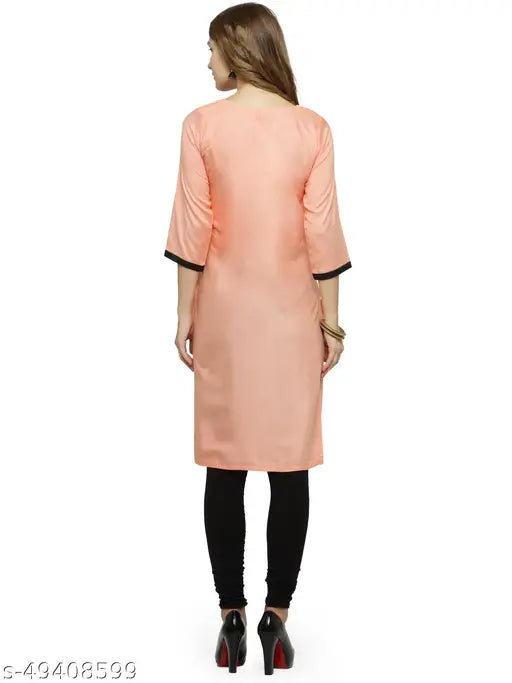 Peach solid rayon kurti, self-designed long sleeve dress by Enchanted Drapes, Indian origin