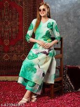 Green cotton blend printed straight kurta and palazzos for women, three-quarter sleeve length, single set with matching bottomwear