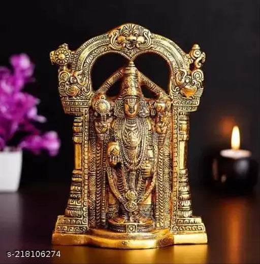 Brass Tirupati Balaji statue, golden finish with antique detailing for temple, home or office walls (16cm x 22cm x 4cm, 400gm)