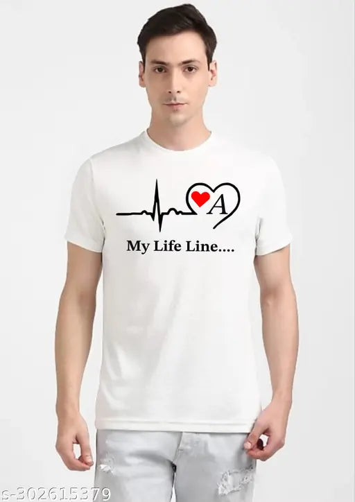 Cotton blend, short-sleeved "My Life Line A" printed alphabet t-shirt for men on hanger, India origin