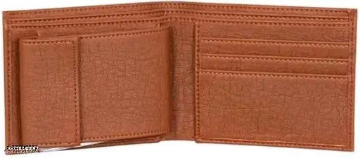 Tan PU men's casual wallet, 8 card slots, solid design with photo & ID sleeves. Compact, durable, and portable accessory for gifting