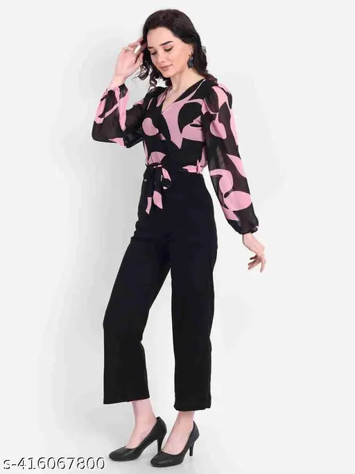 Fashionable printed net georgette jumpsuit for women, long sleeves, trendy and comfortable