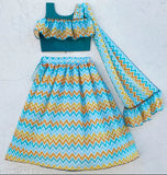 Sky blue chiffon lehenga with ruffled print, sleeveless and U-neck, for 6-14 years old, Indian fusion party wear