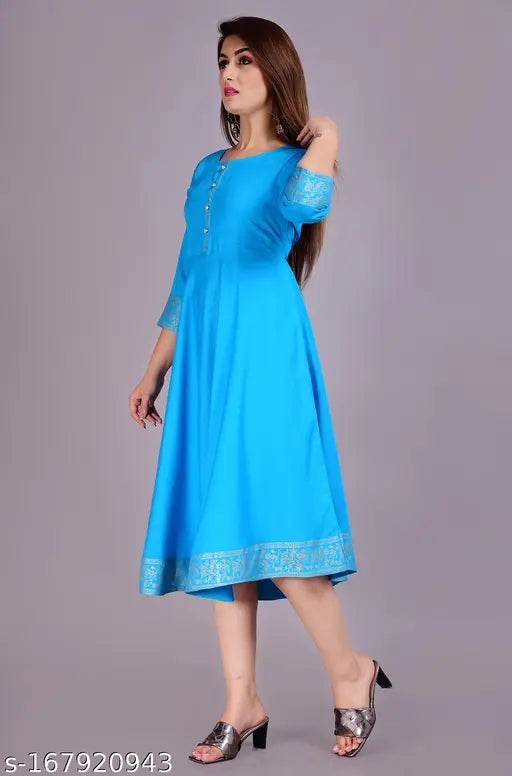 Blue rayon Anarkali kurtis - Three-quarter sleeves, solid combo, trendy modern dress for M, L, XL, XXL. Comfortable smooth fabric enhances inner beauty and suits all body types, ideal for Indian women