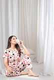 White and cream printed nightsuit for women, stylish polycotton sleepwear with short sleeves and printed net pattern