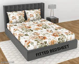 Brown 100% Glace Cotton fitted double bed sheet with 2 x 18x28 inch pillow covers, big size 72x78 inches. Superfine floral pattern bed linen for adult summer use