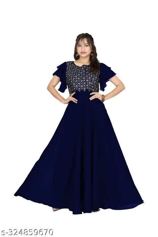 Navi Blue Georgette gown, short sleeves with embroidered net embellishments for women's fashion, India-made size S-XXL