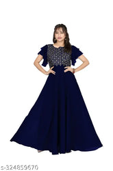 Navi Blue Georgette gown, short sleeves with embroidered net embellishments for women's fashion, India-made size S-XXL