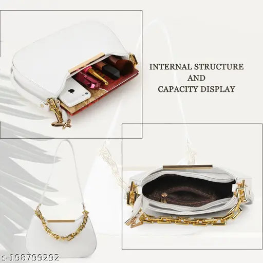 Faux leather classic design sling bag, perfect for women and girls. Adjustable strap and zip closure." (102 characters)