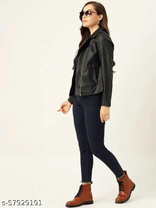 Faux leather, black full-sleeve women's jacket, PREEGO brand for roadies