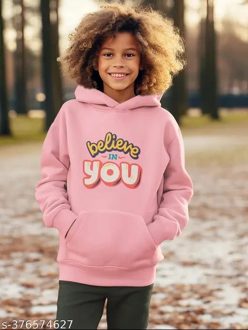 Pink cotton blend hoodie, printed design for kids aged 2-7 years, India origin