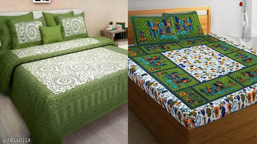 Gangor Green & Trendy Cotton Bedsheet Combo (2 Bedsheets, 4 Pillow Covers), ideal for summer adult use