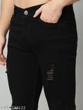 Black Lycra jeans for men's slim fit - stylish black denim on hanger, size 32