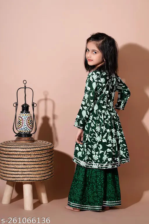 Green Rayon embroidered baby girl kurti sharara set with flared dupatta and three-quarter sleeves, Indian traditional clothing for 3-4 or 5-6 years