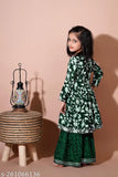 Green Rayon embroidered baby girl kurti sharara set with flared dupatta and three-quarter sleeves, Indian traditional clothing for 3-4 or 5-6 years