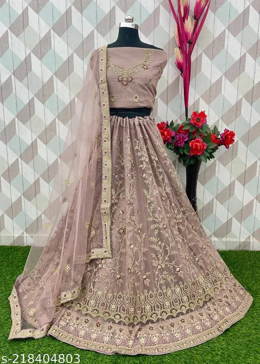 Embroidered lavender lehenga choli set, free size net fabric with zari work for festive/wedding occasions