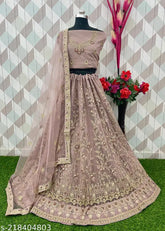 Embroidered lavender lehenga choli set, free size net fabric with zari work for festive/wedding occasions