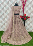 Embroidered lavender lehenga choli set, free size net fabric with zari work for festive/wedding occasions