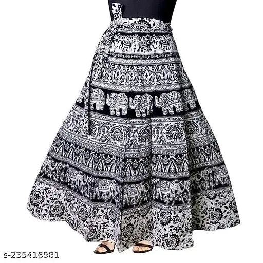 Black & white printed Rajasthani Jaipuri maxi cotton wrap skirt, free size, side knotting, breathable cambric fabric