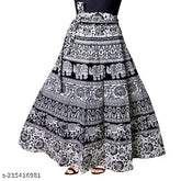 Black & white printed Rajasthani Jaipuri maxi cotton wrap skirt, free size, side knotting, breathable cambric fabric