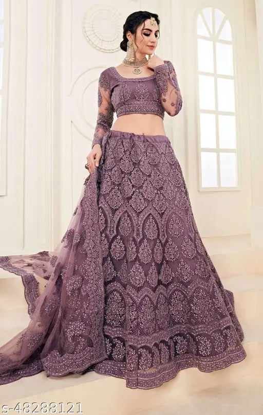 Embroidered net lehenga set in vibrant Indian colors, Unstitched (LW42, LL44, Dupatta 2.25m)