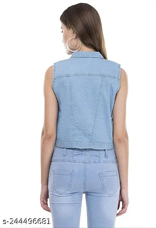 Denim solid shoulder-length jacket, sleeveless, women's fashion from India