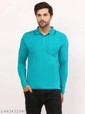 Green Solid Men's Cotton Polo T-Shirt with Black tipping, full sleeve & one pocket - Made in India