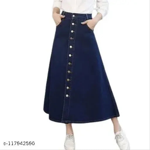 Trendy women's denim stretchable skirt, solid-colored, size 26/waist 26in, length 34in. Ideal for casual outfits and versatile wear