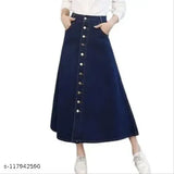 Trendy women's denim stretchable skirt, solid-colored, size 26/waist 26in, length 34in. Ideal for casual outfits and versatile wear