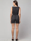 White polka dots on black print romper, sleeveless polyester romper for women