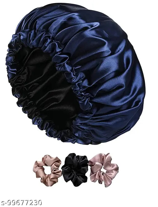 Blue satin silk hair cap for sleeping, premium quality shower cap with adjustable drawstring, ideal for curly hair