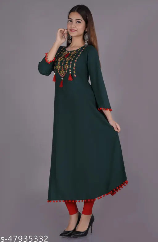 Green rayon embroidered Anarkali ankle length kurta with three-quarter sleeves, single solid pattern
